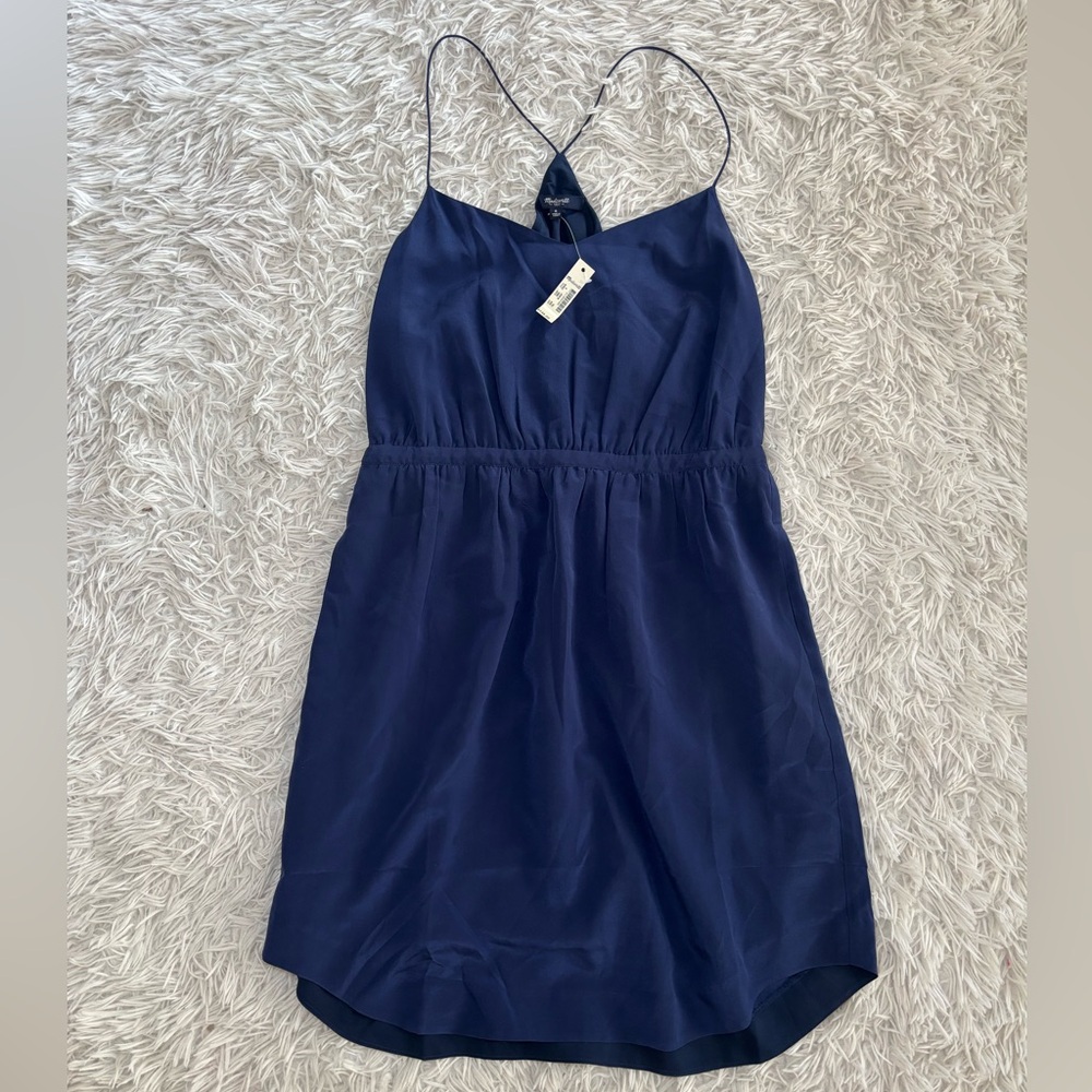 Madewell Silk Starview Cami Dress with pockets in Navy Blue Size 6 NWT